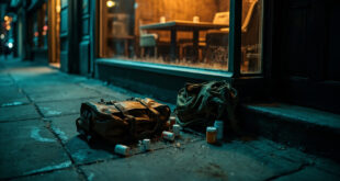 Prescription bottles spilling from worn backpack on empty sidewalk outside restaurant storefront at sunrise