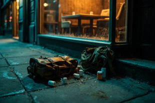 Prescription bottles spilling from worn backpack on empty sidewalk outside restaurant storefront at sunrise