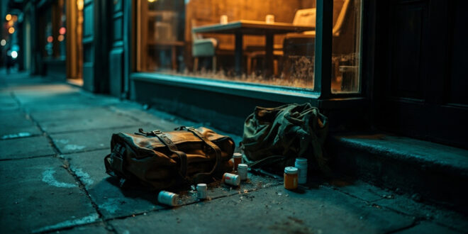 Prescription bottles spilling from worn backpack on empty sidewalk outside restaurant storefront at sunrise