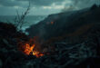 Glowing embers beneath blackened tree roots on scorched hillside with coastal vista background