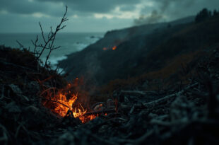 Glowing embers beneath blackened tree roots on scorched hillside with coastal vista background