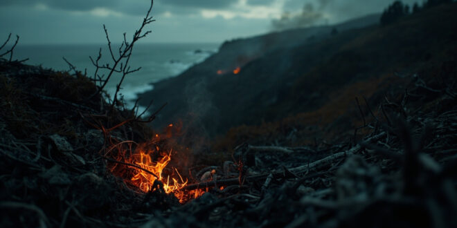 Glowing embers beneath blackened tree roots on scorched hillside with coastal vista background