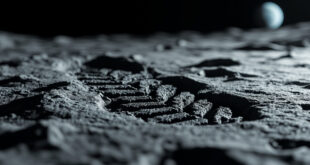 Close-up of boot impression in gray lunar dust with Earth rising over crater horizon under black sky