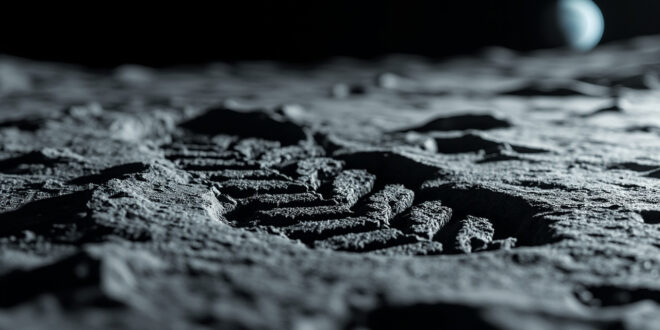 Close-up of boot impression in gray lunar dust with Earth rising over crater horizon under black sky