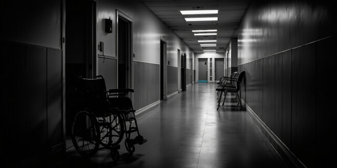 Empty wheelchair beside doorway in dimly lit hospital corridor with closed doors and fluorescent lighting overhead