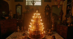 Ornate birthday cake with many lit candles on weathered wooden table surrounded by vintage Brazilian decorative objects