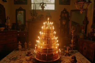 Ornate birthday cake with many lit candles on weathered wooden table surrounded by vintage Brazilian decorative objects