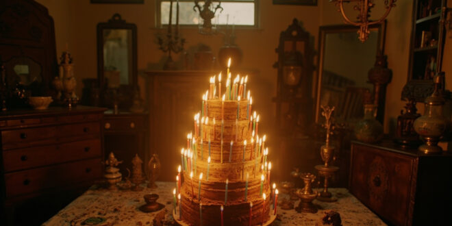 Ornate birthday cake with many lit candles on weathered wooden table surrounded by vintage Brazilian decorative objects