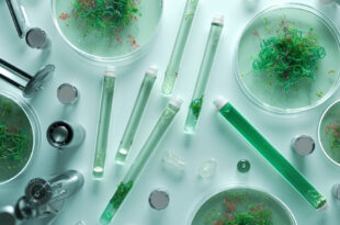 Laboratory vials and scientific equipment arranged on sterile white surface with soft lighting.