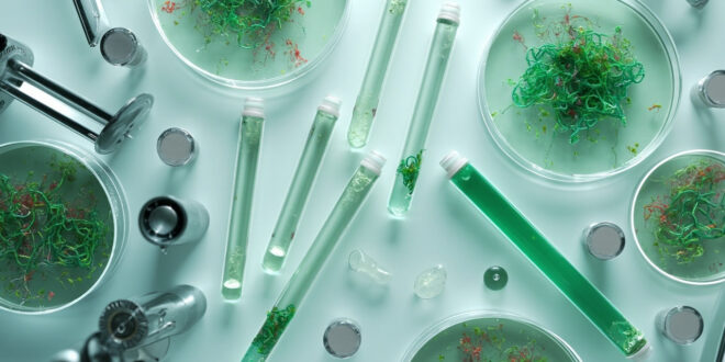 Laboratory vials and scientific equipment arranged on sterile white surface with soft lighting.