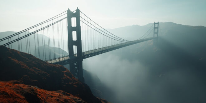 Massive concrete bridge towers stretching across deep mountain canyon with misty gorge below