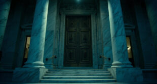 Closed bronze courthouse doors flanked by tall marble columns under dramatic shadows