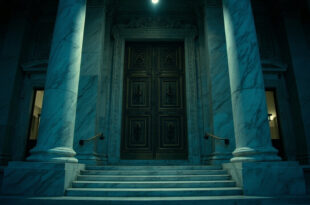 Closed bronze courthouse doors flanked by tall marble columns under dramatic shadows