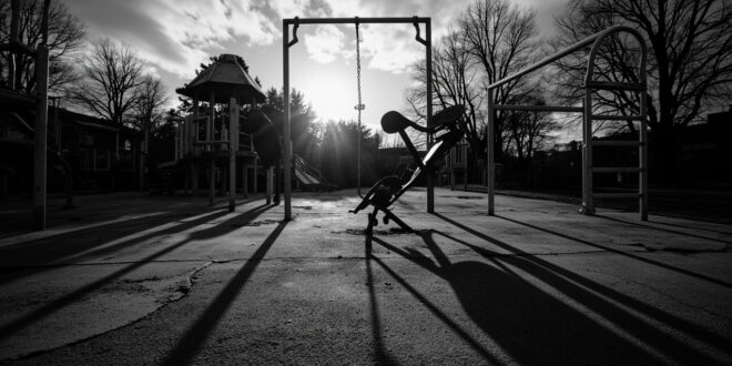 Overturned chair on empty concrete schoolyard, playground equipment silhouetted against overcast sky