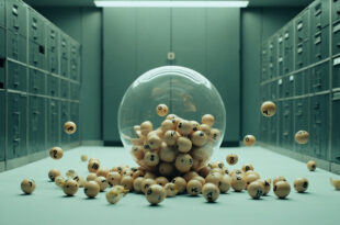 Numbered wooden lottery balls scattered beside transparent rotating drum on official desk surface