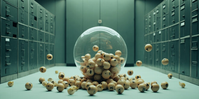 Numbered wooden lottery balls scattered beside transparent rotating drum on official desk surface