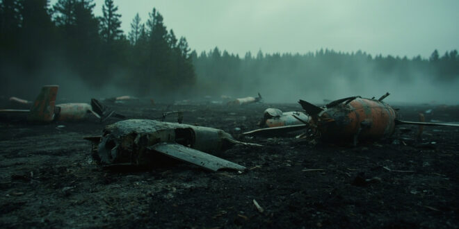 Broken military drone parts lying on ground near forest with testing equipment in background