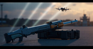 Futuristic electronic jamming device on equipment case with airport infrastructure blurred behind