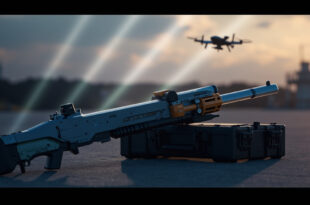 Futuristic electronic jamming device on equipment case with airport infrastructure blurred behind