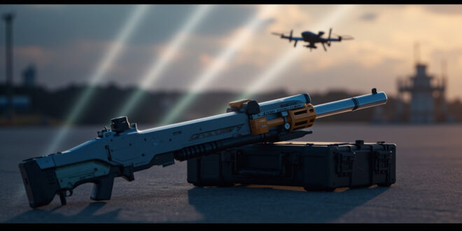 Futuristic electronic jamming device on equipment case with airport infrastructure blurred behind