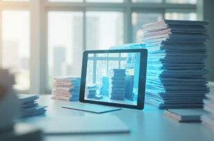 Clean office desk with tablet showing workflow charts beside reduced stacks of official documents