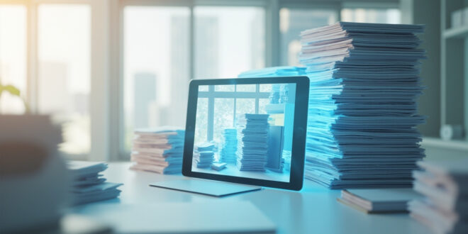 Clean office desk with tablet showing workflow charts beside reduced stacks of official documents