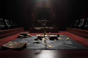 Brass scales tilted on dark wooden table with budget documents and coins in dim legislative chamber