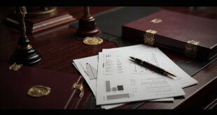 Government office desk with budget documents, calculator, and official ceremonial items in formal setting