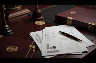 Government office desk with budget documents, calculator, and official ceremonial items in formal setting