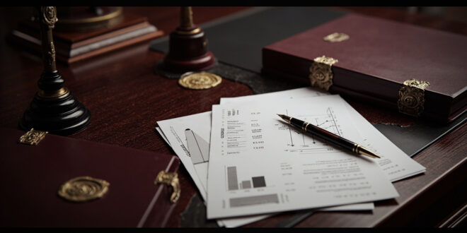 Government office desk with budget documents, calculator, and official ceremonial items in formal setting