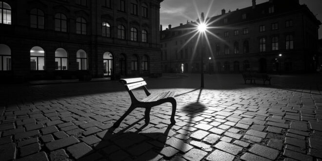 Empty park bench under streetlight on cobblestone plaza at twilight, long shadows stretching across ground