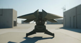 Military anti-drone defense system with electronic targeting equipment positioned on testing ground