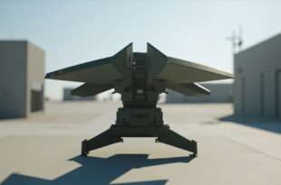 Military anti-drone defense system with electronic targeting equipment positioned on testing ground