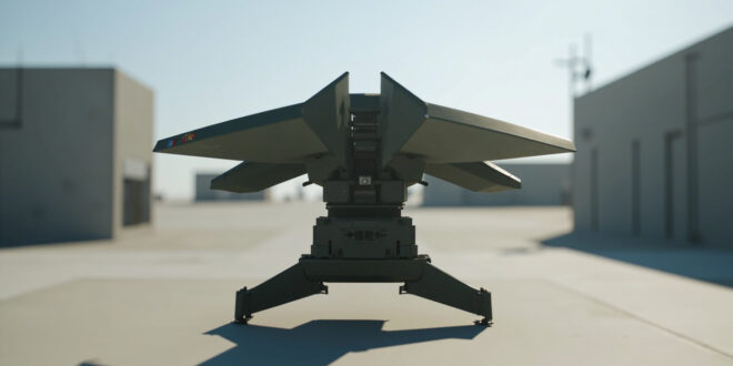 Military anti-drone defense system with electronic targeting equipment positioned on testing ground