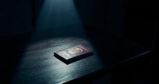 A closed passport rests on a dark wooden desk surface under dramatic directional lighting in a stark office setting