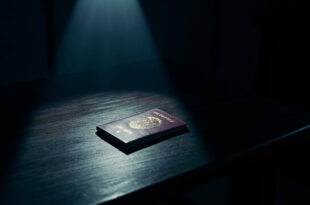 A closed passport rests on a dark wooden desk surface under dramatic directional lighting in a stark office setting
