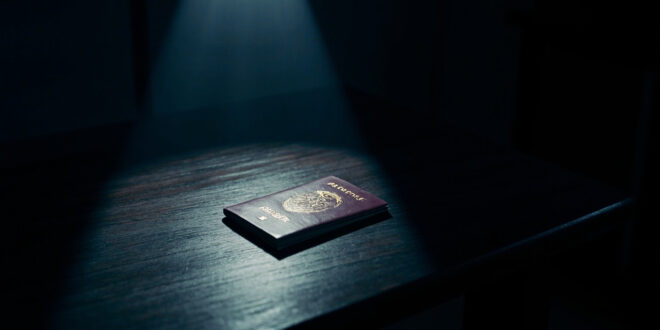 A closed passport rests on a dark wooden desk surface under dramatic directional lighting in a stark office setting