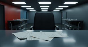 Empty government office desk with three appointment cards and vacant chairs under harsh overhead lighting