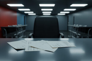 Empty government office desk with three appointment cards and vacant chairs under harsh overhead lighting
