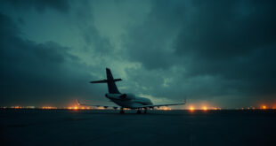 Commercial aircraft on tarmac under overcast sky with empty runway and distant terminal buildings