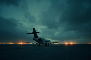 Commercial aircraft on tarmac under overcast sky with empty runway and distant terminal buildings