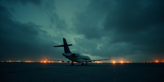 Commercial aircraft on tarmac under overcast sky with empty runway and distant terminal buildings