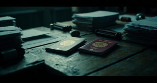Two closed passports with embossed seals rest on a dark wooden desk beside stacks of official paperwork and rubber stamps