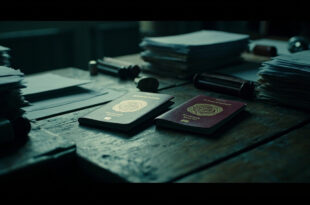 Two closed passports with embossed seals rest on a dark wooden desk beside stacks of official paperwork and rubber stamps