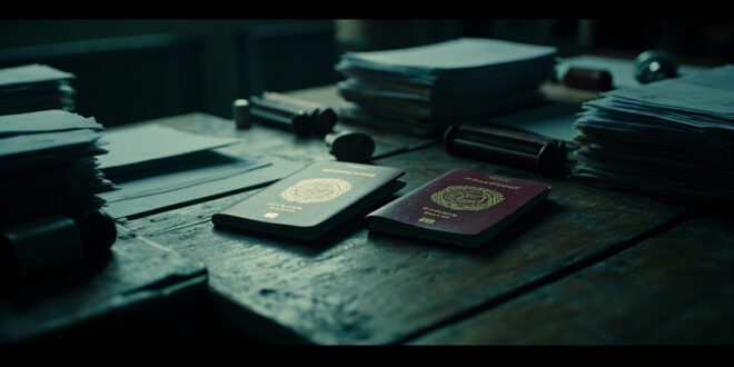 Two closed passports with embossed seals rest on a dark wooden desk beside stacks of official paperwork and rubber stamps