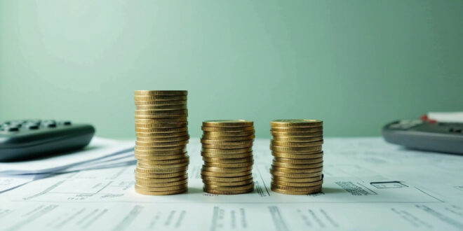 Three stacks of euro coins in ascending heights on desk with financial documents and calculator nearby