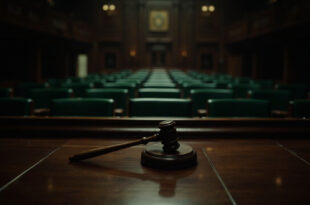 Wooden gavel on polished bench in empty parliament chamber with green leather seats and dark wood paneling