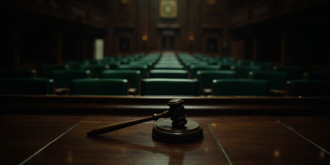 Wooden gavel on polished bench in empty parliament chamber with green leather seats and dark wood paneling