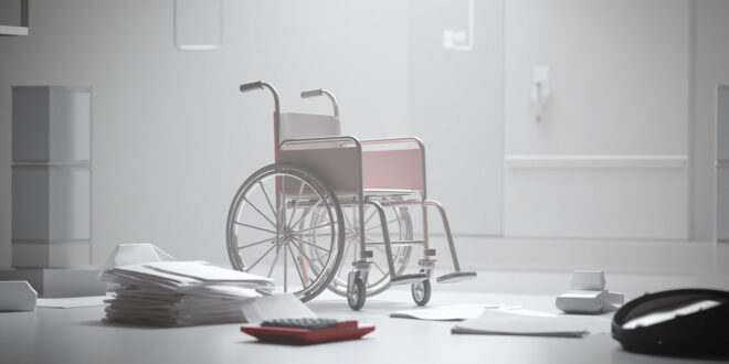 Empty wheelchair next to scattered budget documents and calculator on government desk