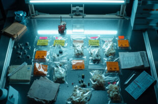 Evidence bags with seized substances and folders on steel forensic table under clinical lighting
